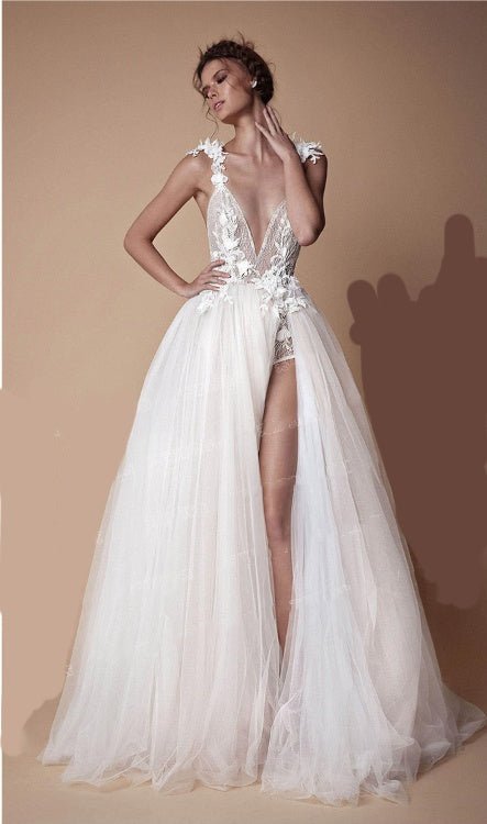 Angel Wedding Dress, Diamond Lace Collar, High Slit Bridal Tail, Open Back Light Wedding Dress - RICALOUX