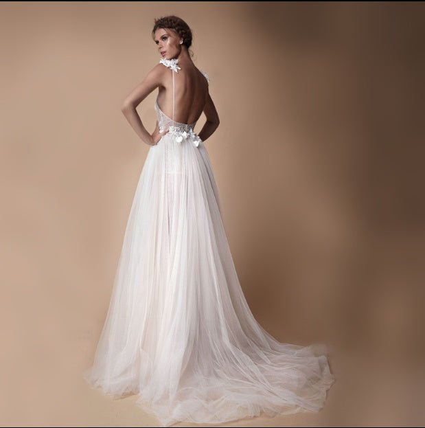 Angel Wedding Dress, Diamond Lace Collar, High Slit Bridal Tail, Open Back Light Wedding Dress - RICALOUX