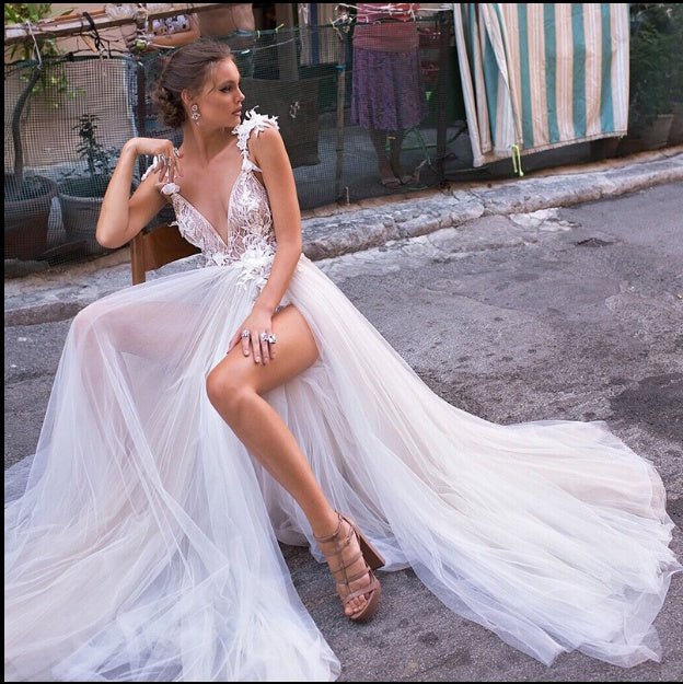 Angel Wedding Dress, Diamond Lace Collar, High Slit Bridal Tail, Open Back Light Wedding Dress - RICALOUX