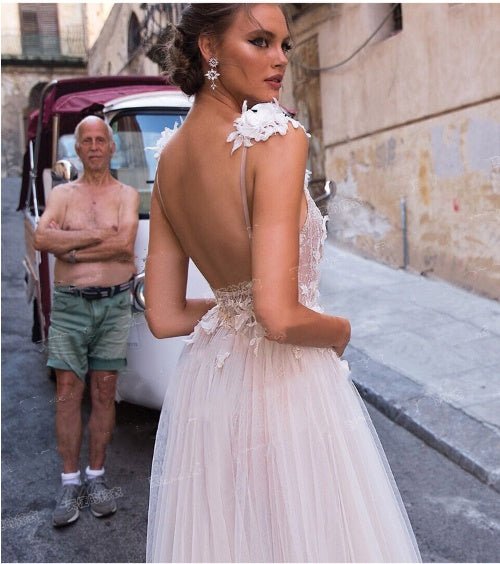 Angel Wedding Dress, Diamond Lace Collar, High Slit Bridal Tail, Open Back Light Wedding Dress - RICALOUX