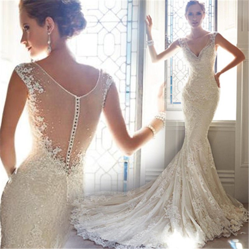 Sexy Halter Brigade Shooting Seaside Beach Location Mermaid Tail Light Wedding Dress - RICALOUX