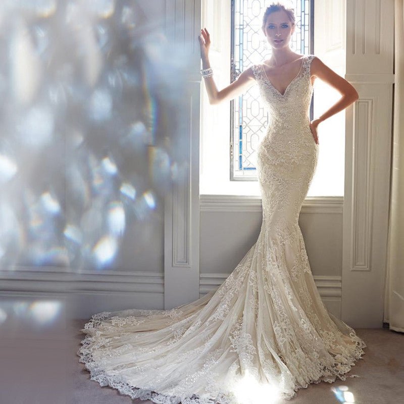 Sexy Halter Brigade Shooting Seaside Beach Location Mermaid Tail Light Wedding Dress - RICALOUX