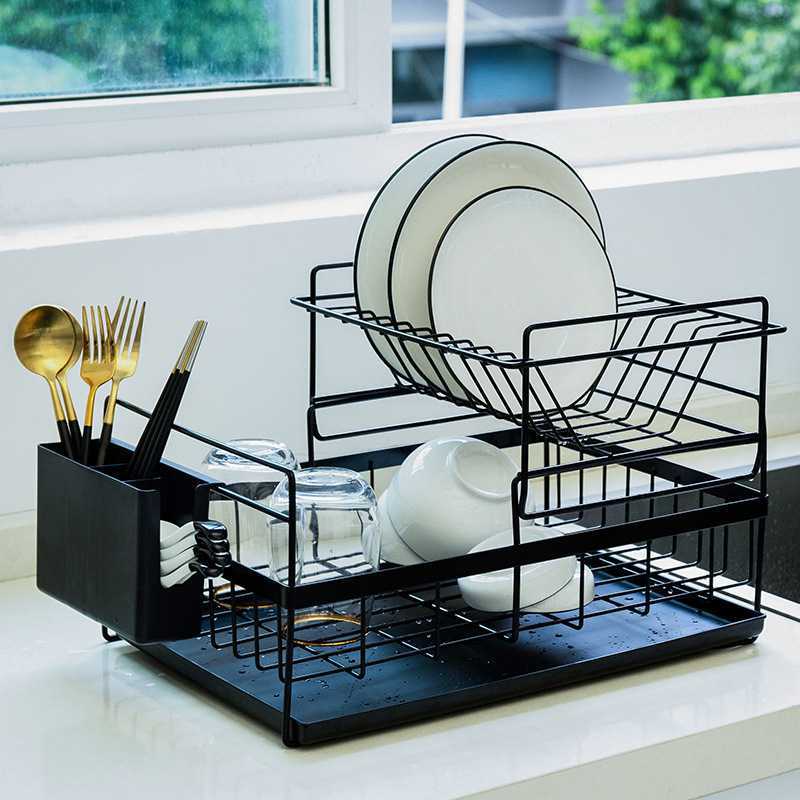 wholesale sink draining double tier metal wire kitchen dish storage rack for kitchen - RICALOUX