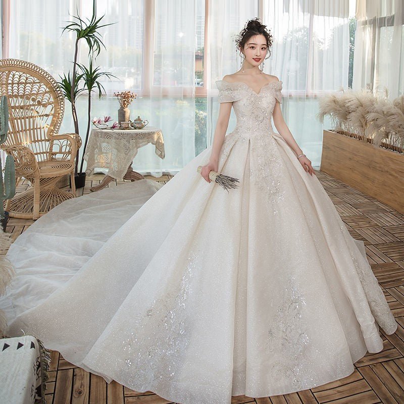 One-Shoulder Main Wedding Dress New Temperament Forest Super Fairy Dream Little Bride Han Trailing Starry Sky - RICALOUX