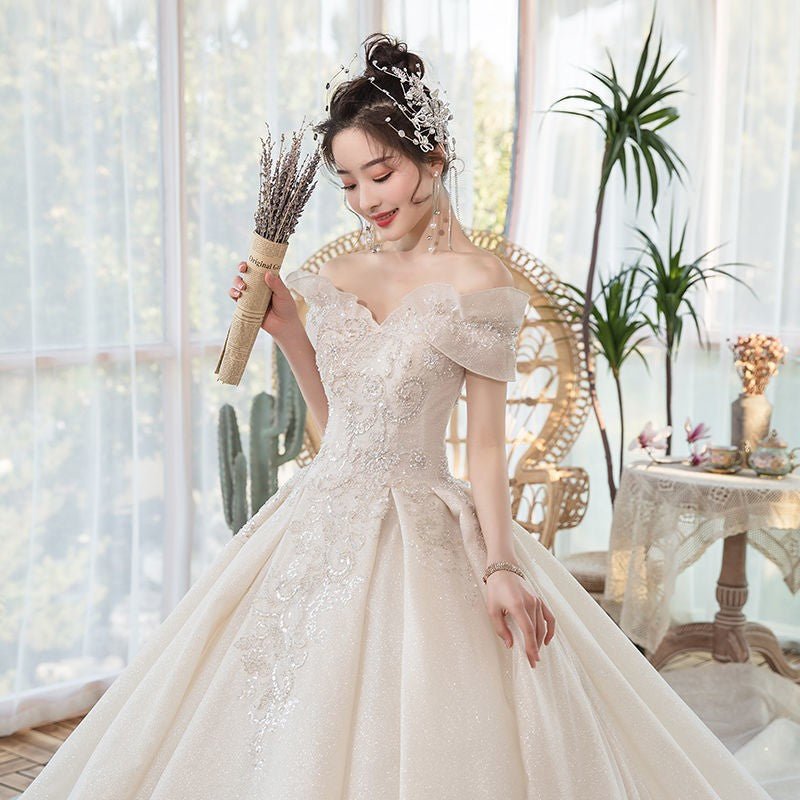 One-Shoulder Main Wedding Dress New Temperament Forest Super Fairy Dream Little Bride Han Trailing Starry Sky - RICALOUX