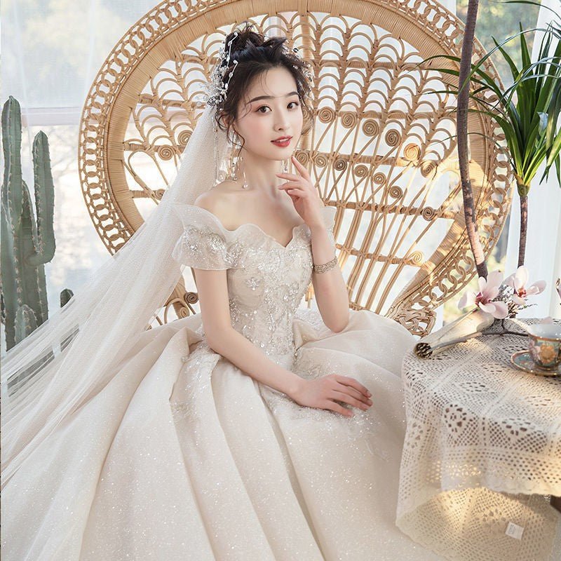 One-Shoulder Main Wedding Dress New Temperament Forest Super Fairy Dream Little Bride Han Trailing Starry Sky - RICALOUX