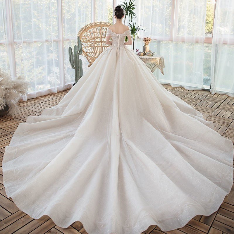 One-Shoulder Main Wedding Dress New Temperament Forest Super Fairy Dream Little Bride Han Trailing Starry Sky - RICALOUX
