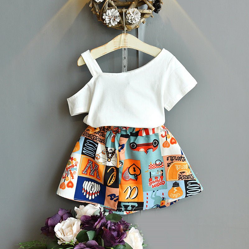 Summer Children's Clothing Korean Fashion Flower Lotus Leaf Collar Shirt Skirt Little Girl Clothing Suit Purple Children's Clothing - RICALOUX