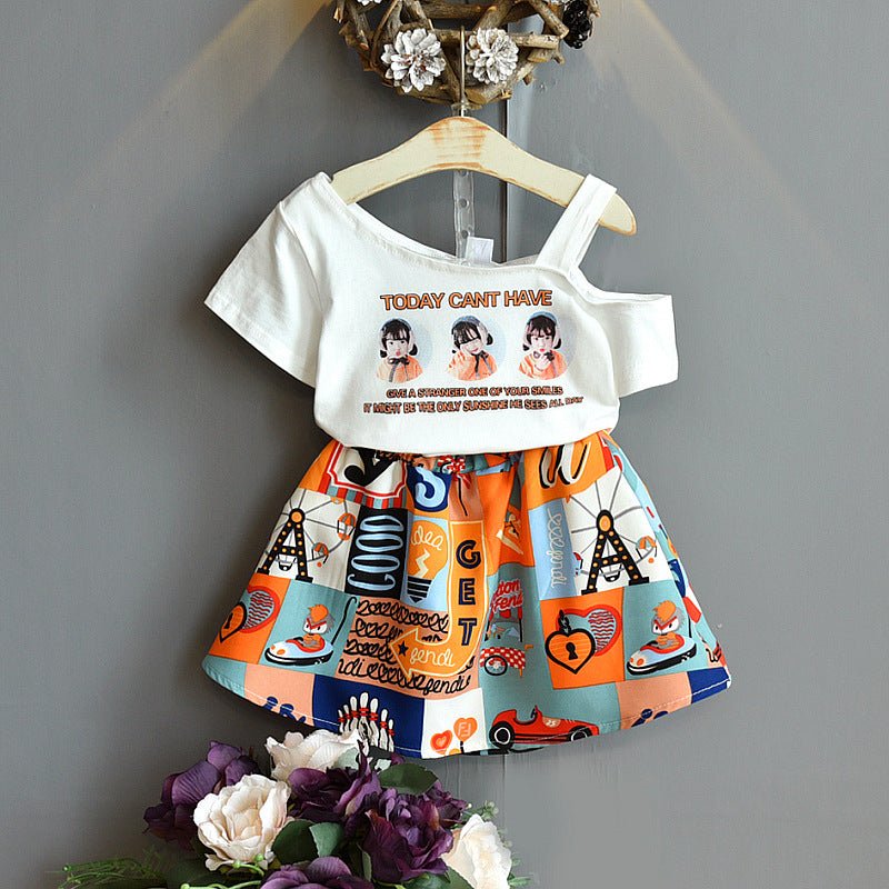 Summer Children's Clothing Korean Fashion Flower Lotus Leaf Collar Shirt Skirt Little Girl Clothing Suit Purple Children's Clothing - RICALOUX