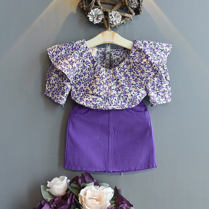 Summer Children's Clothing Korean Fashion Flower Lotus Leaf Collar Shirt Skirt Little Girl Clothing Suit Purple Children's Clothing - RICALOUX