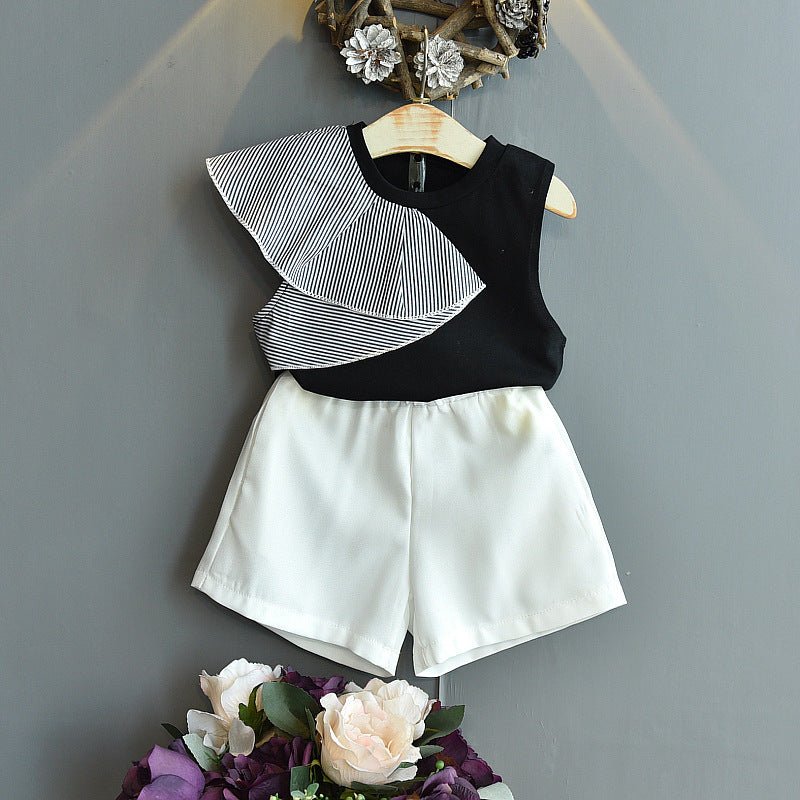 Summer Children's Clothing Korean Fashion Flower Lotus Leaf Collar Shirt Skirt Little Girl Clothing Suit Purple Children's Clothing - RICALOUX