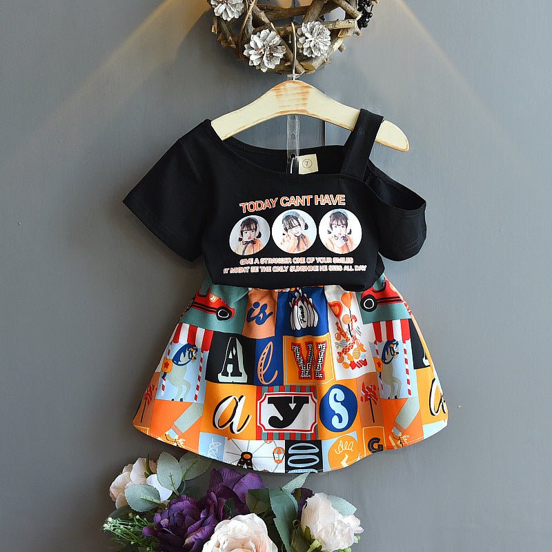 Summer Children's Clothing Korean Fashion Flower Lotus Leaf Collar Shirt Skirt Little Girl Clothing Suit Purple Children's Clothing - RICALOUX