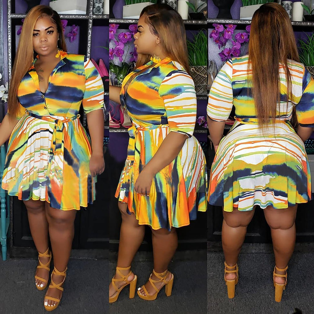 Oversized Women's Dress With Irregular Color Stripe Print - RICALOUX