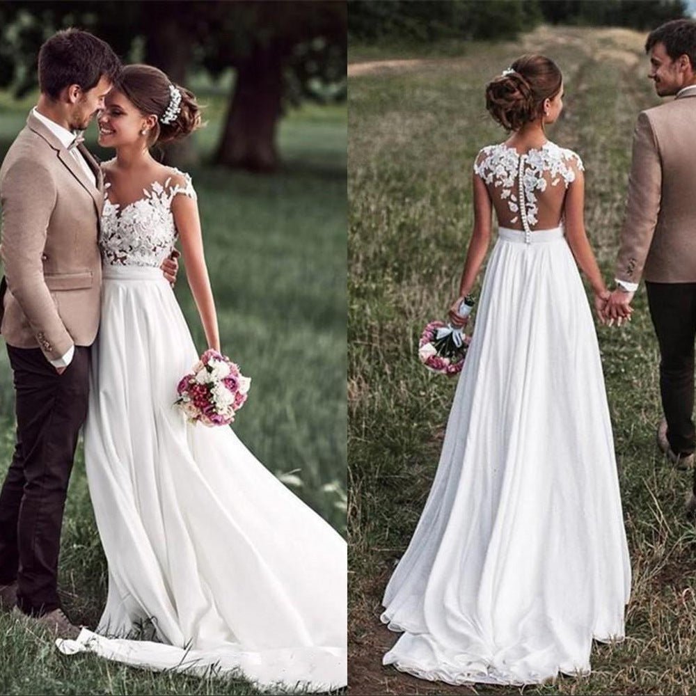Retro Lace Shoulder Chiffon Slim Bridal Wedding Dress - RICALOUX