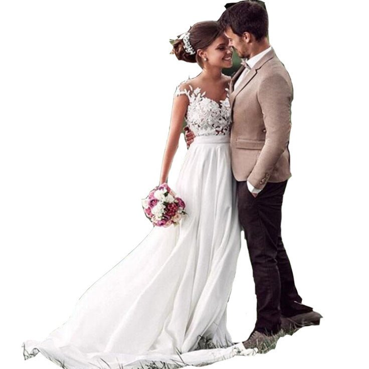 Retro Lace Shoulder Chiffon Slim Bridal Wedding Dress - RICALOUX