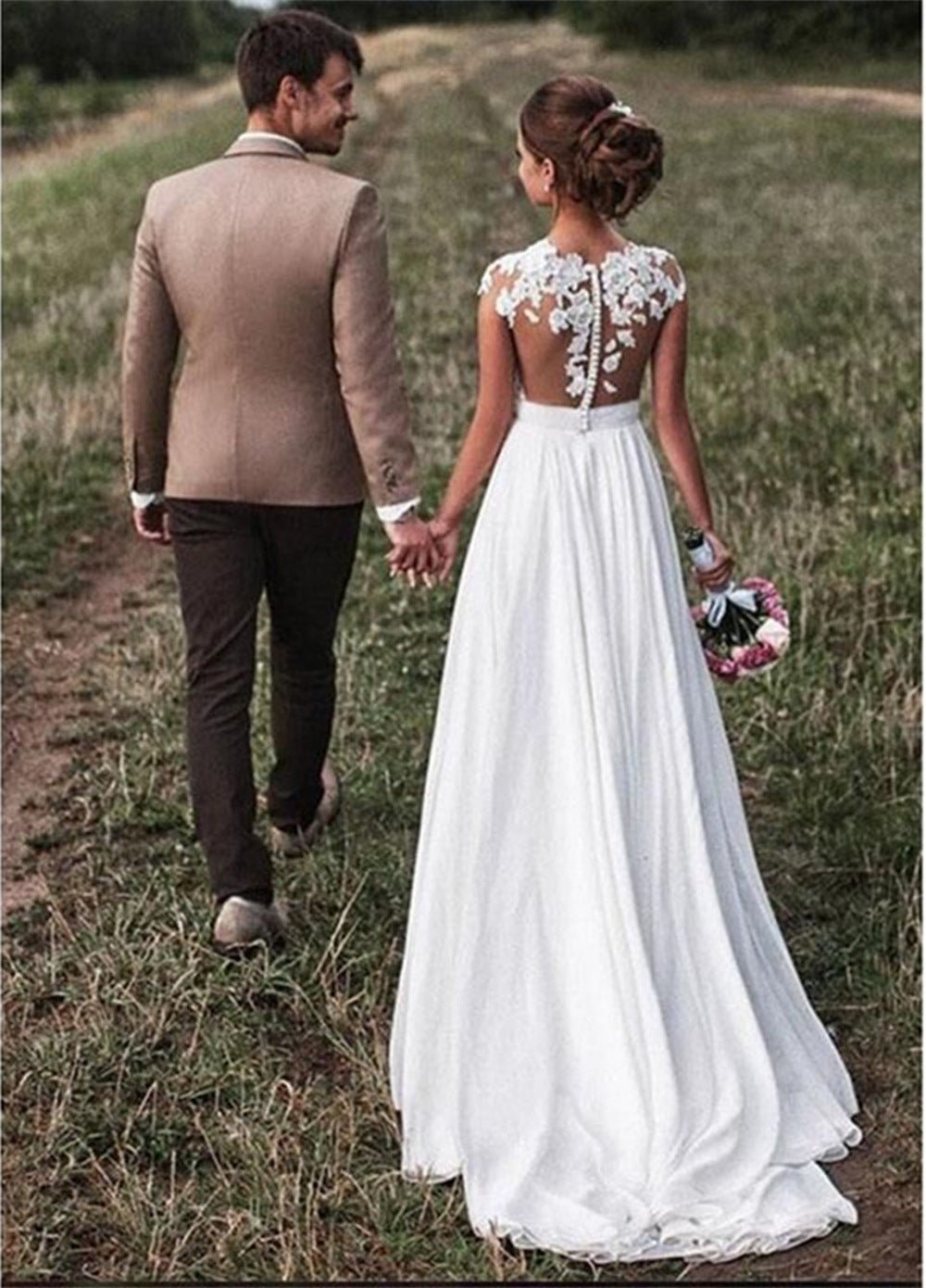 Retro Lace Shoulder Chiffon Slim Bridal Wedding Dress - RICALOUX