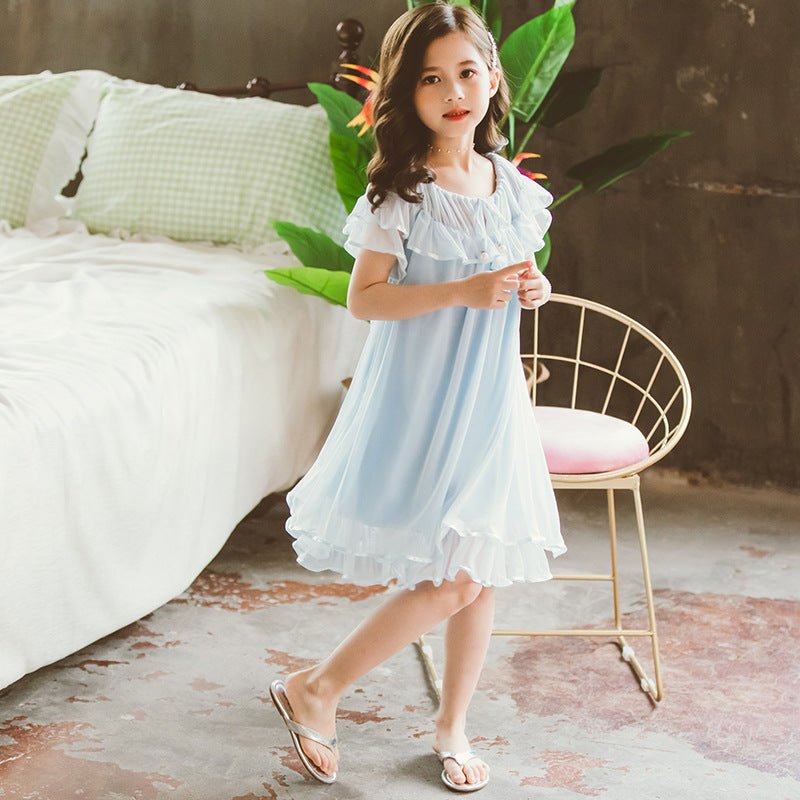 Girls Summer Short-sleeved Nightdress, Little Girl, Cotton Lace, Princess Style, Children's Home Clothes, Big Children's Baby Pajamas - RICALOUX