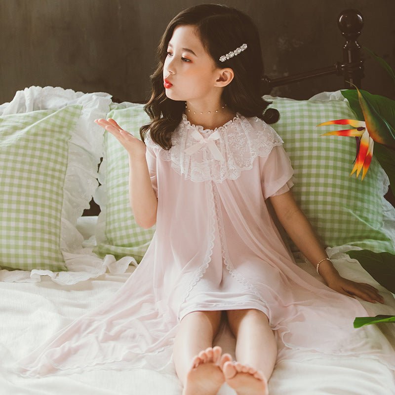 Girls Summer Short-sleeved Nightdress, Little Girl, Cotton Lace, Princess Style, Children's Home Clothes, Big Children's Baby Pajamas - RICALOUX