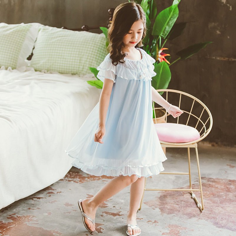 Girls Summer Short-sleeved Nightdress, Little Girl, Cotton Lace, Princess Style, Children's Home Clothes, Big Children's Baby Pajamas - RICALOUX