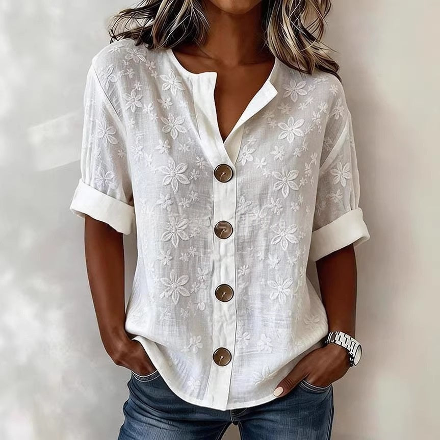 Lantern-sleeve Printed Button-up Womens Blouse by Ricaloux