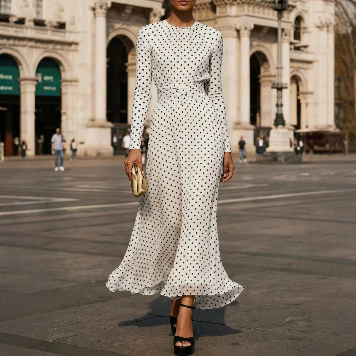 Round-neck Long-sleeve Polka-dot Sheath Dress – Premium 0 | RICALOUX
