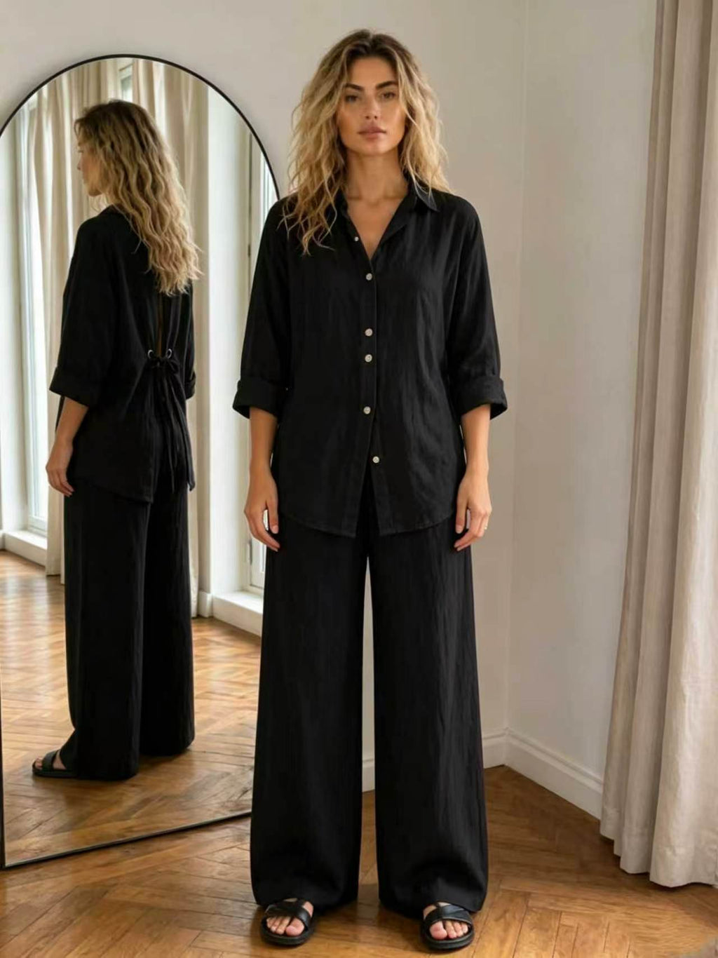 New Casual Solid-Color Trousers Summer Loose Single-Breasted Crepe Shirt Set by Ricaloux
