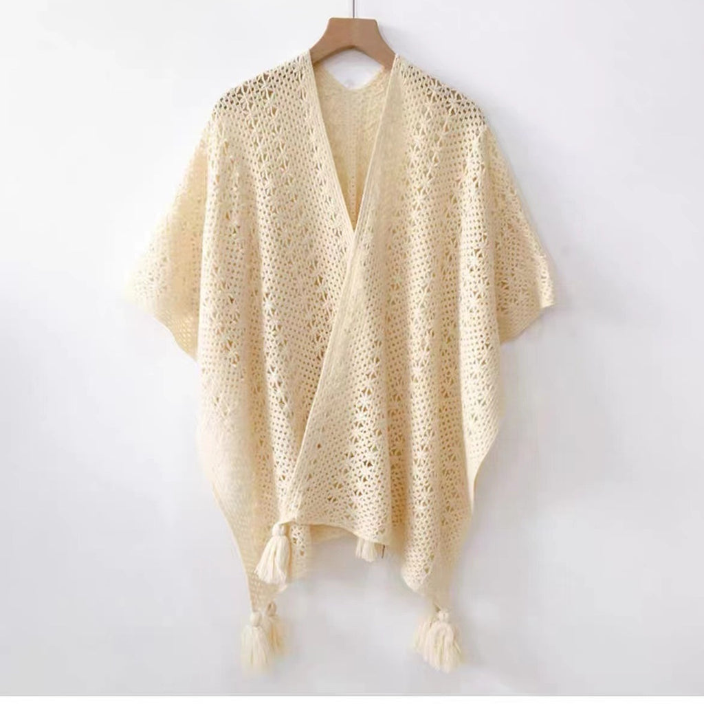 Womens Knitted Tassel-Trimmed Open-Front Cape For Photos – Premium 0 | RICALOUX