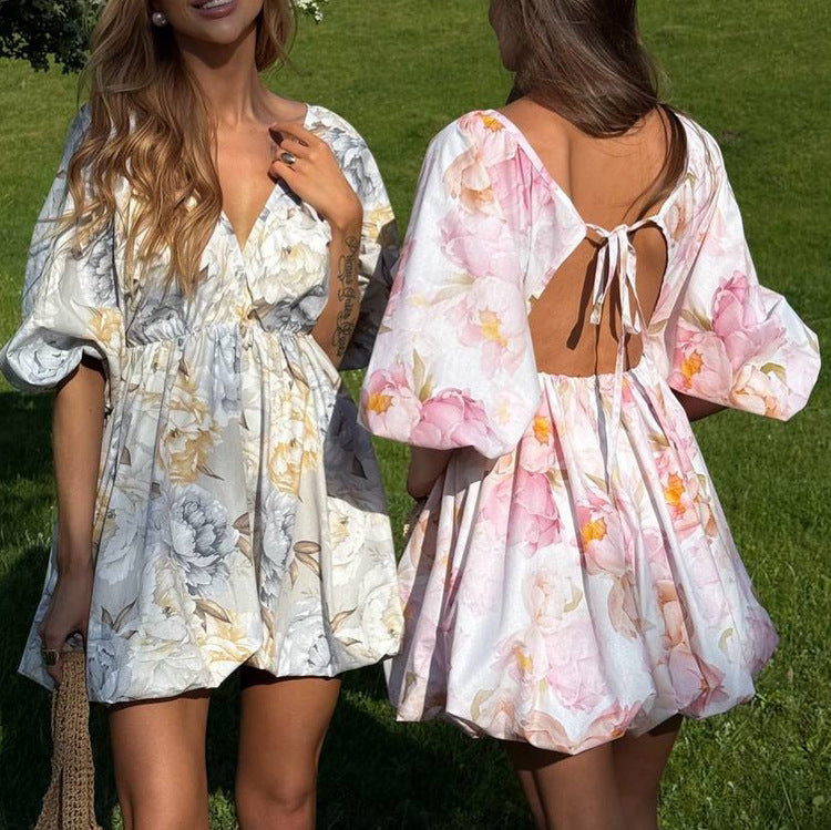 Sexy Open-Back V-Neck Puff-Sleeve Tie-Waist Dress – Premium 4 | RICALOUX
