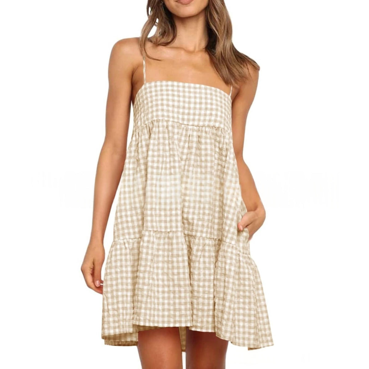 Casual Mini Dress With Shoulder Strap Ruffles And Side Pockets by Ricaloux