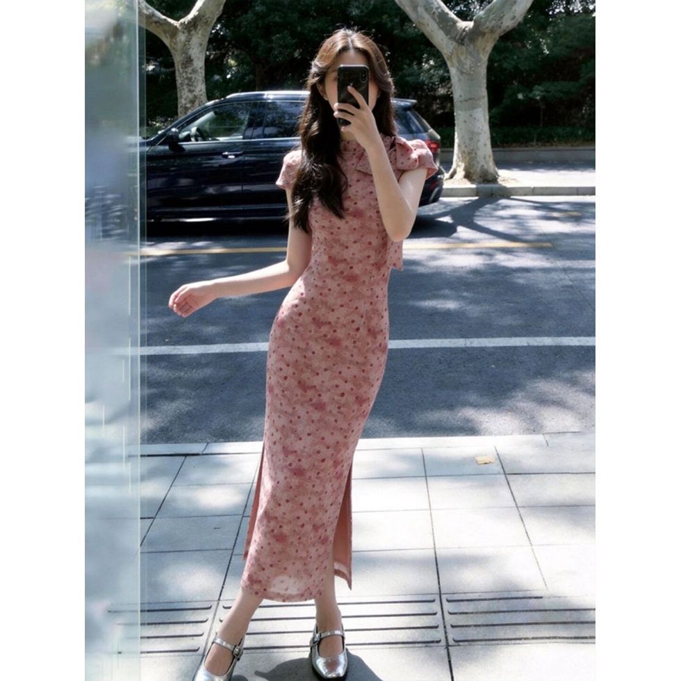 Elegant Polka-dot Bow Cheongsam Dress For Women by Ricaloux