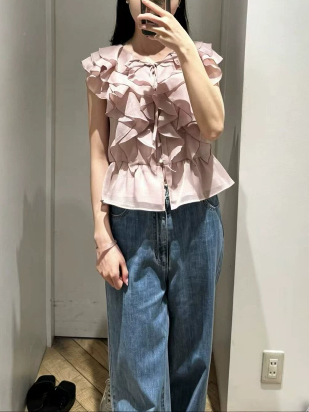 Sweet Petal-Print Ruffled Hem Bow-Tie V-Neck Shirt by Ricaloux