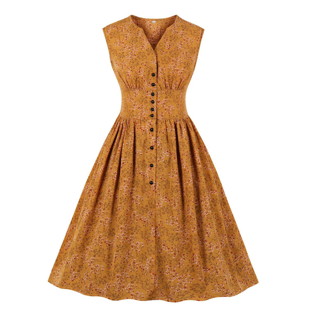 Women's long sleeveless retro floral dress - RICALOUX