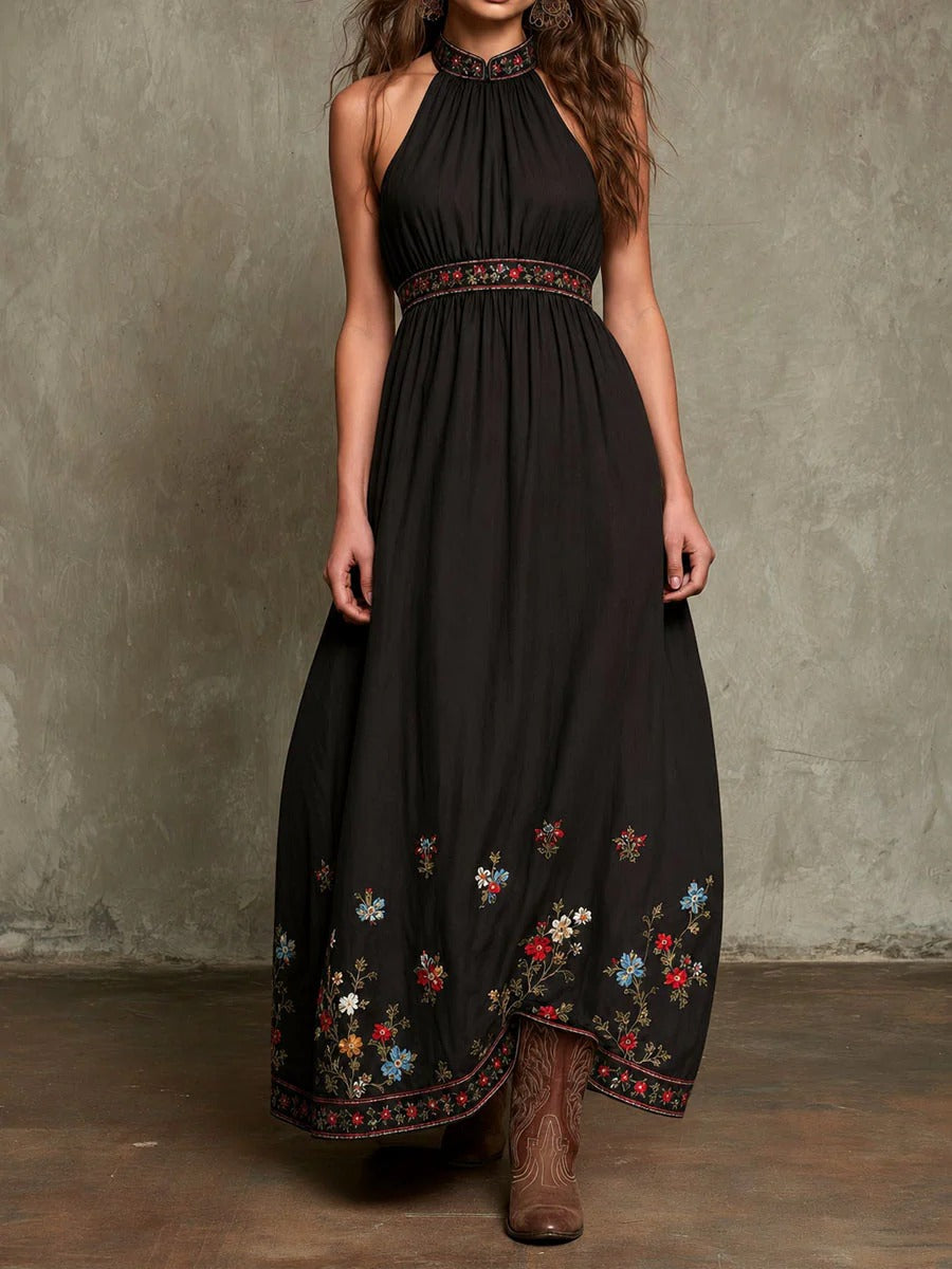Vintage Elegant Halterneck Embroidered Print Dress For Women by Ricaloux