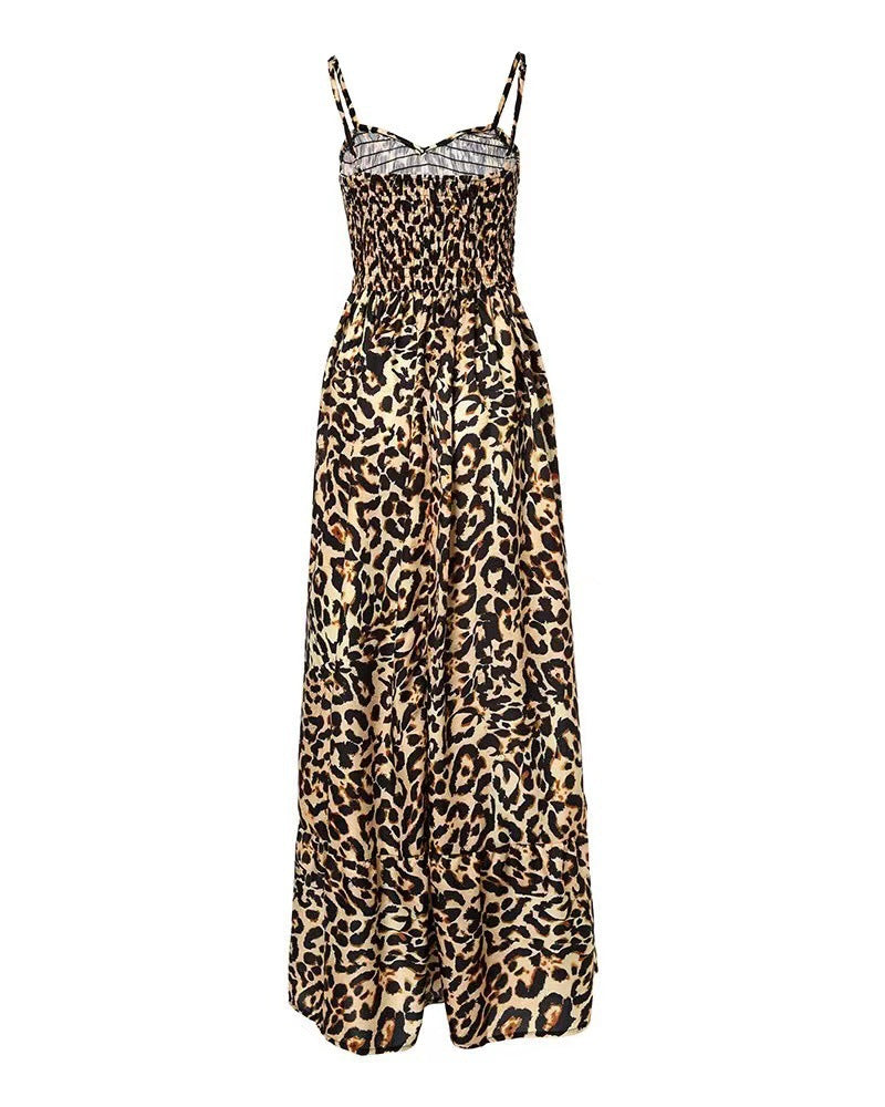 Women's Leopard Print Spaghetti Strap Tiered Maxi Dress V-Neck Smocked Waist Flowy Long Dress For Summer – Premium 4 | RICALOUX