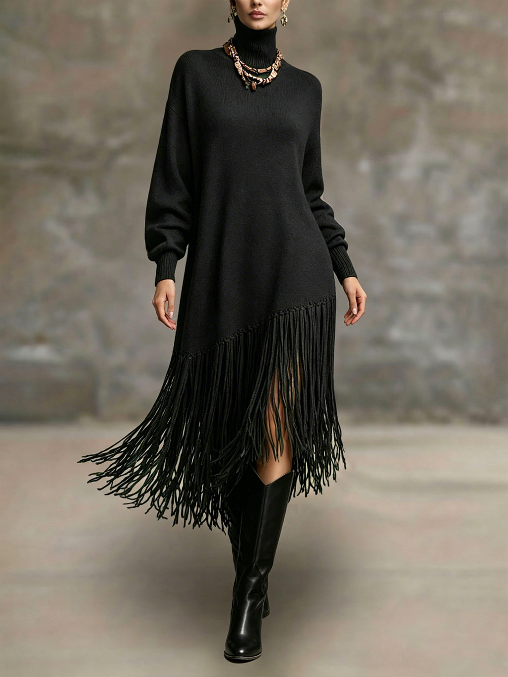 Womens Long Tassel Solid-Color Versatile Dress – Premium 0 | RICALOUX