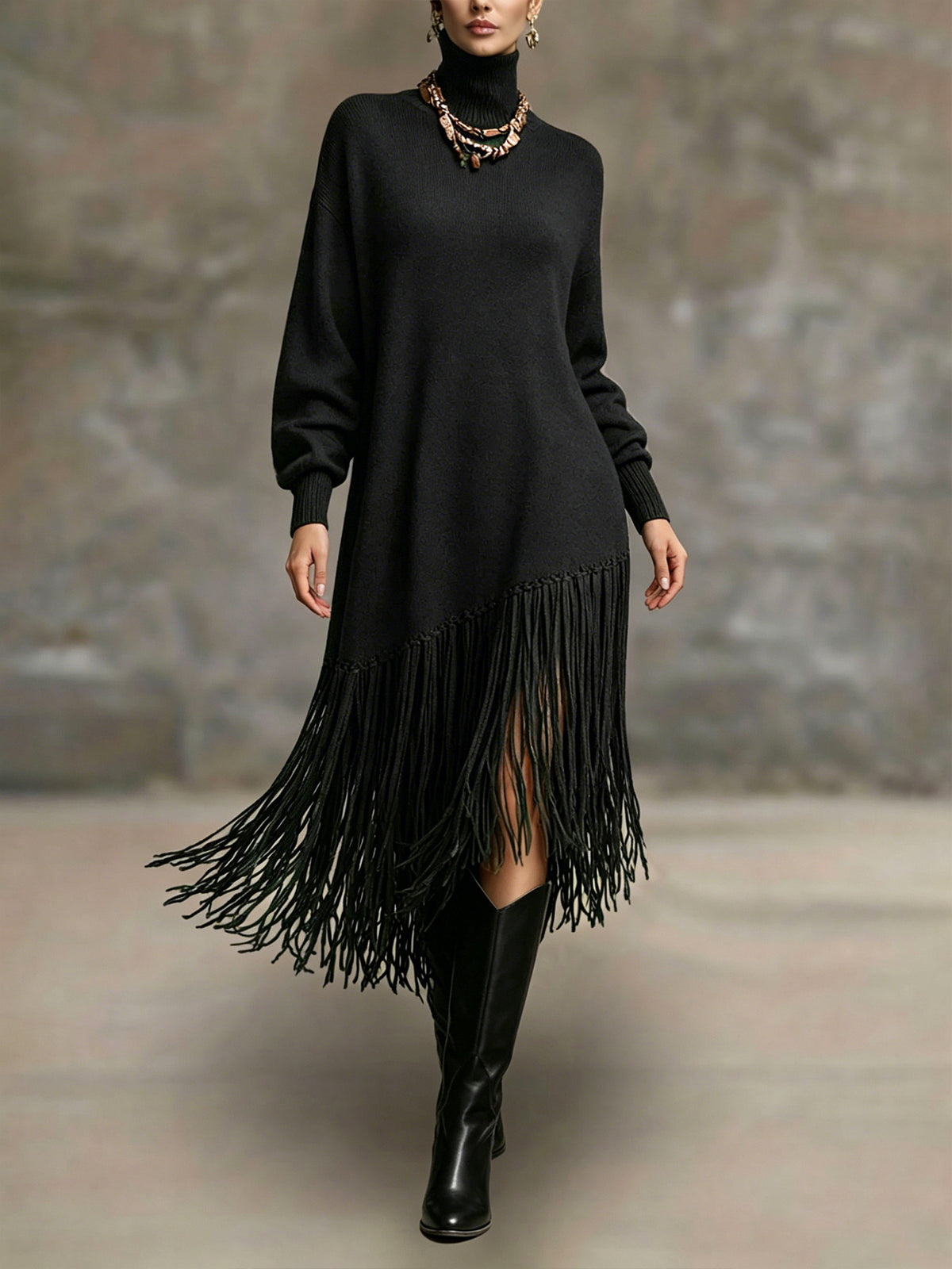 Womens Long Tassel Solid-Color Versatile Dress – Premium 0 | RICALOUX