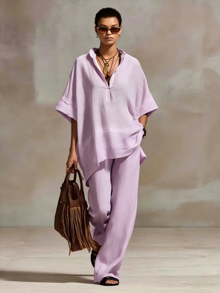 Womens Casual Loose-fitting Solid-color Shirt And Wide-leg Pants Set – Premium 0 | RICALOUX
