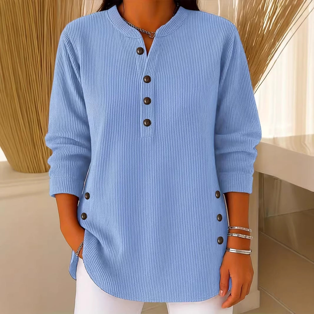 Womens Solid-color Corduroy Casual V-neck Long-sleeve Top With Buttons by Ricaloux