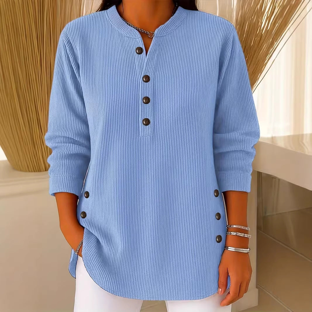 Womens Solid-color Corduroy Casual V-neck Long-sleeve Top With Buttons by Ricaloux
