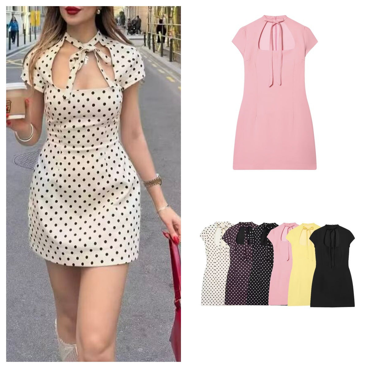 Hepburn-style Square-neck Short-sleeve Polka-dot Short Dress With A Bow Detail by Ricaloux