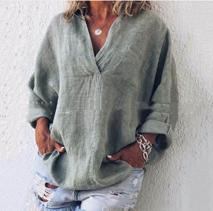 Women's Large Size Solid Color Imitation Cotton And Linen V-neck Long-sleeved Pullover Top - RICALOUX