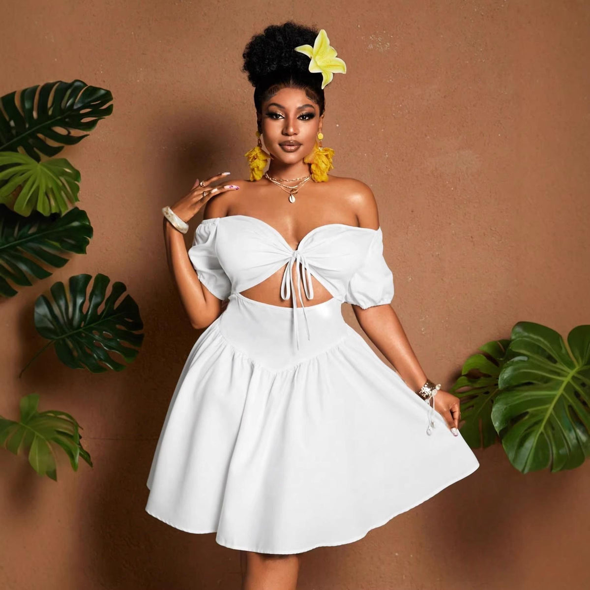 Womens Solid-color Plus-size Off-shoulder Midriff-baring Puff-sleeve Dress by Ricaloux