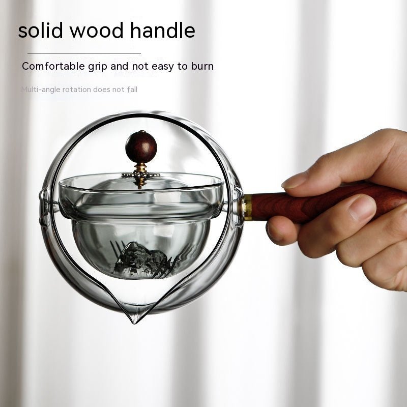 Semi-automatic Rotary Heat-resistant Glass Teapot Lazy Tea Making With Infuser And Wooden Handle Office Home Accessories Kitchen Gadgets - RICALOUX