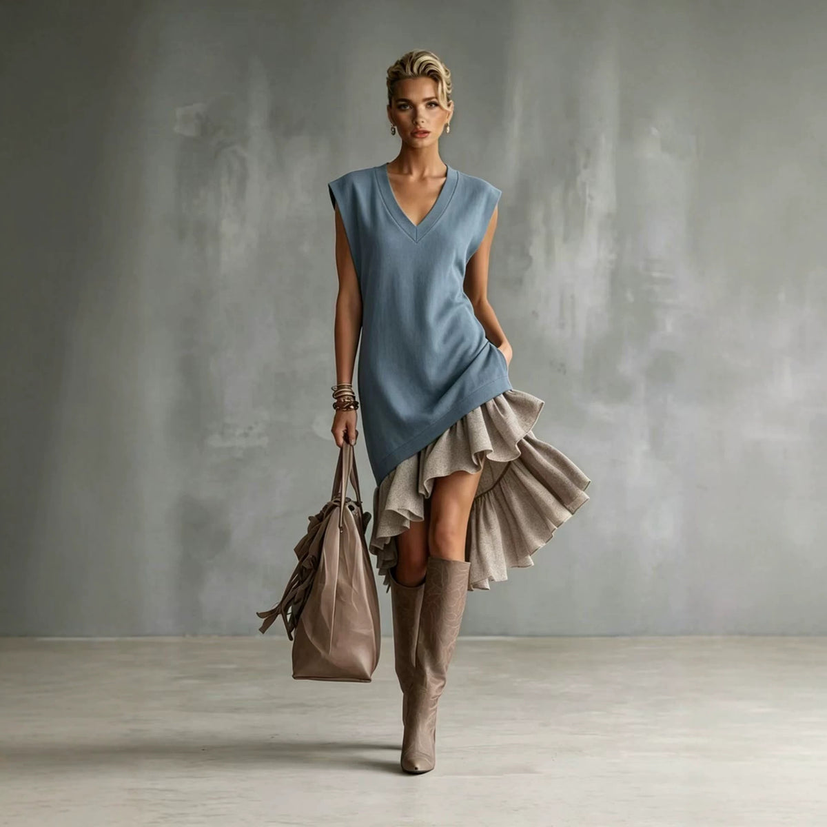 Solid-color Casual European-American Style Flounced Midi Skirt by Ricaloux