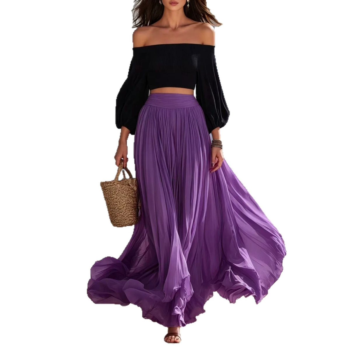 Off-shoulder Strapless Top With Bubble Sleeves And Skirt Set by Ricaloux