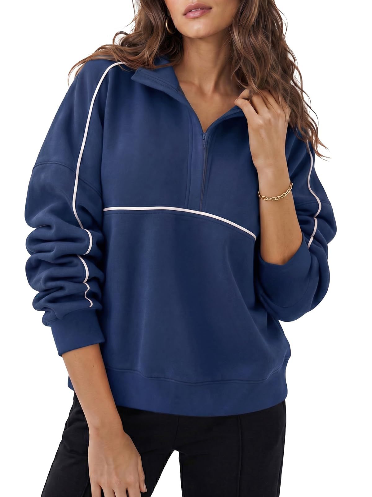 Womens Loose-fit Sweatshirt With A Lapel And Zipper Pullover Hoodie by Ricaloux