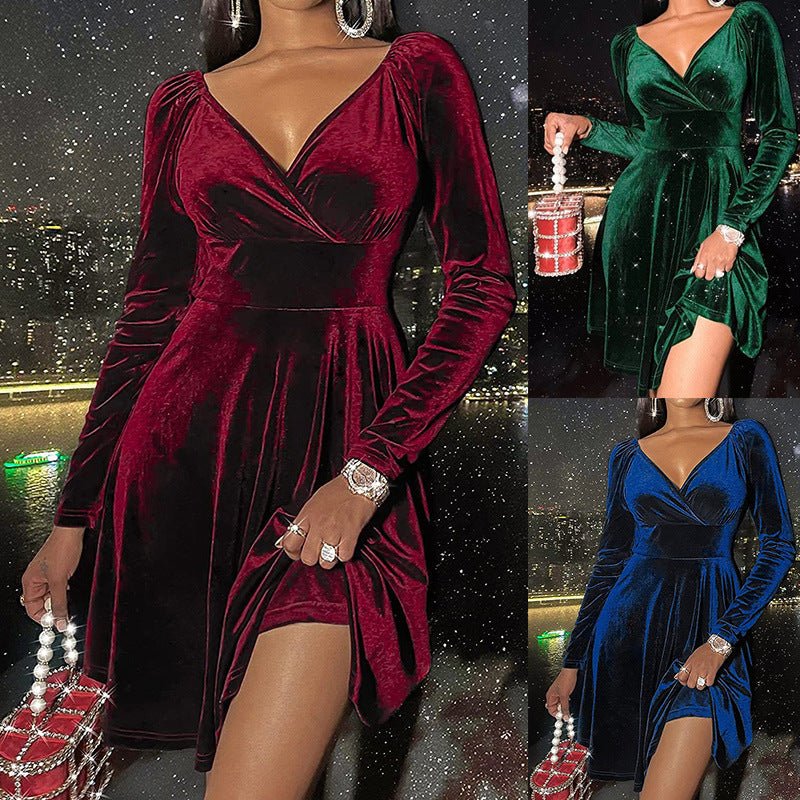 Autumn Festival Christmas Long Sleeve V-neck Dress - RICALOUX
