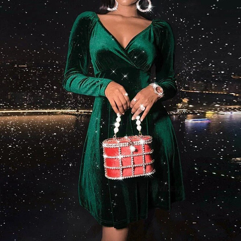 Autumn Festival Christmas Long Sleeve V-neck Dress - RICALOUX
