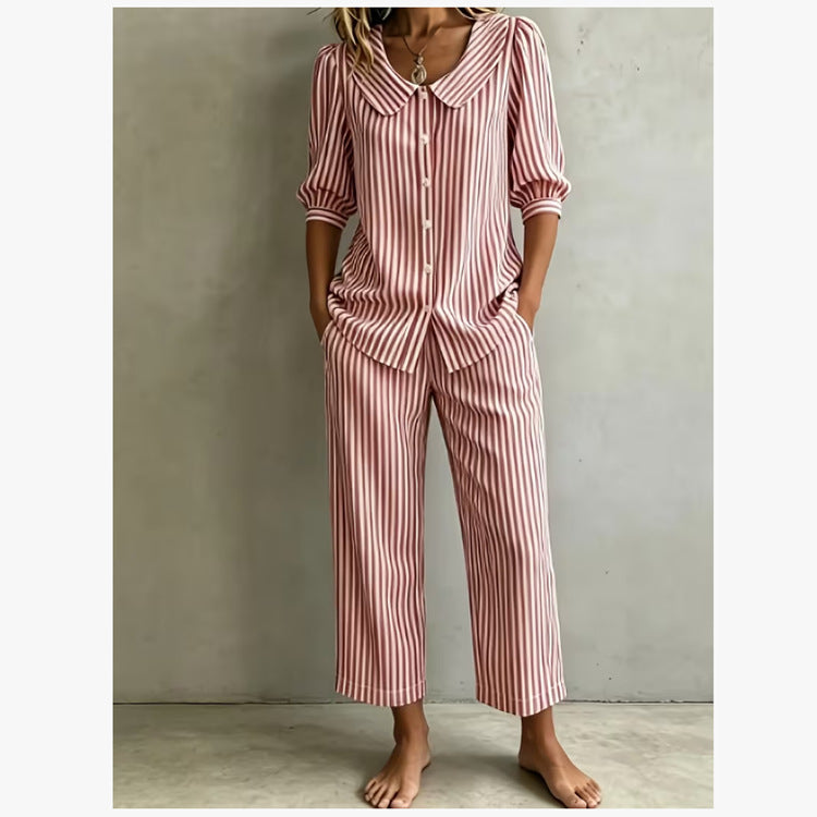 New Design Linen Striped Loose-fitting Shirt Set by Ricaloux