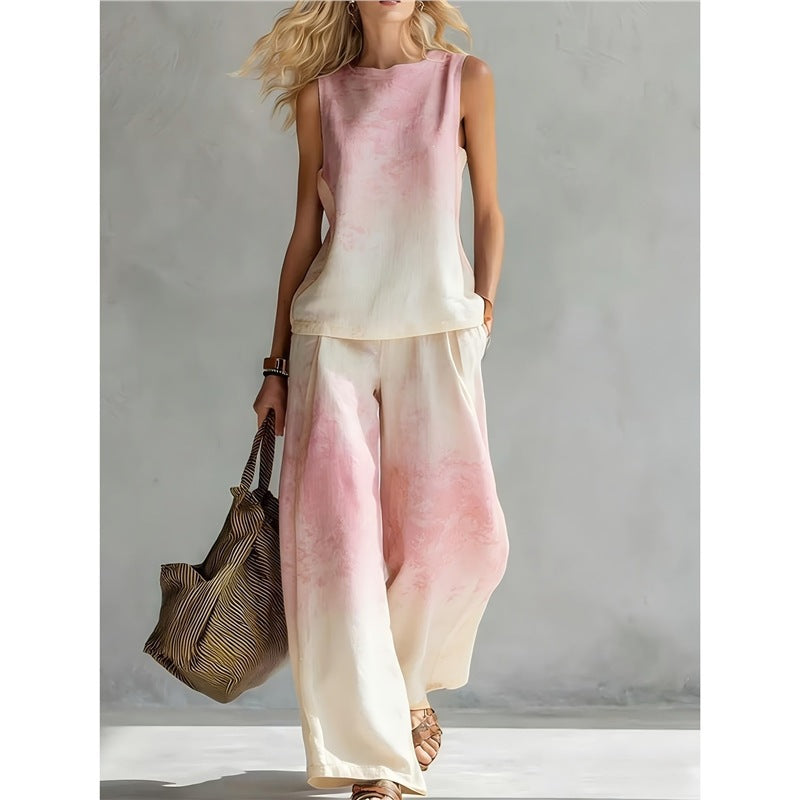New-style Rainbow Tie-dye Sleeveless Crew-neck Top And Wide-leg Pants Womens Casual Two-piece Set – Premium 0 | RICALOUX